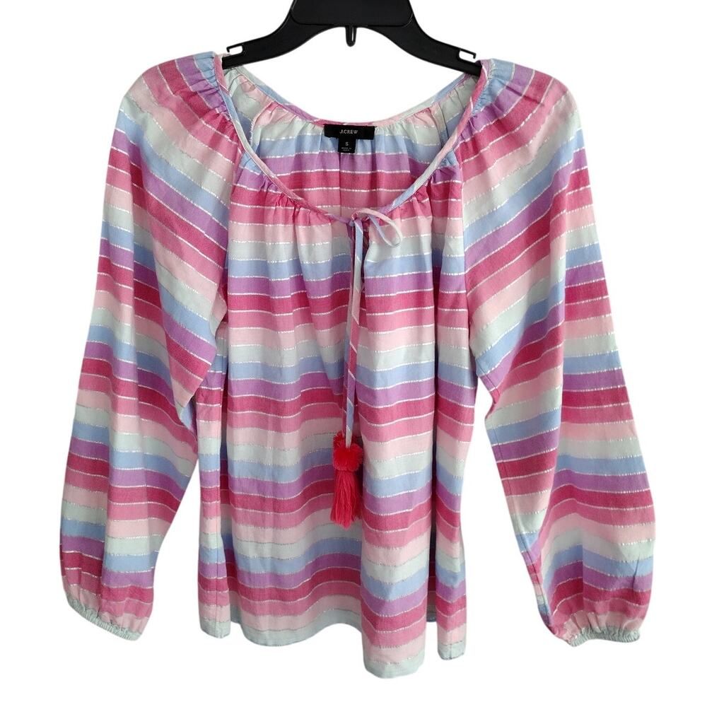 J. Crew Rainbow Striped Silver Metallic Weave Tassel Peasant Top Womens Small